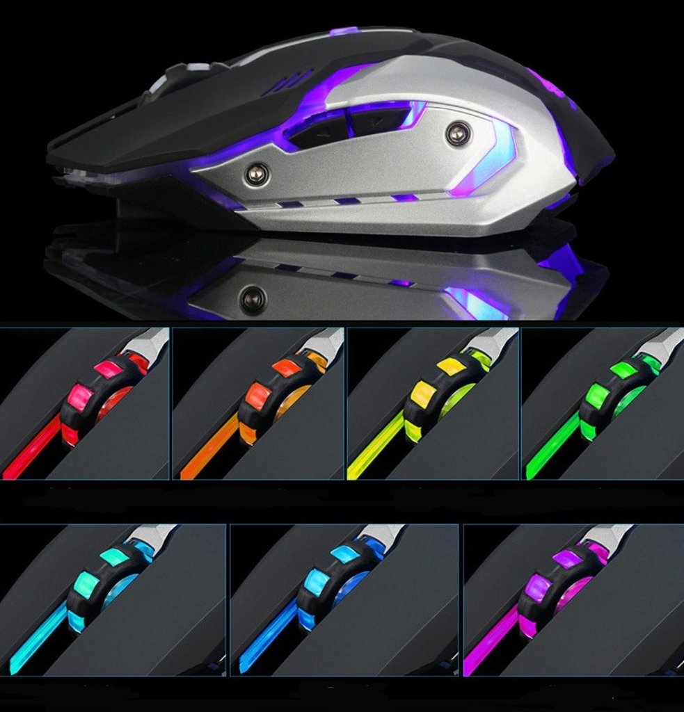 Gaming mouse with customizable color options on a reflective surface